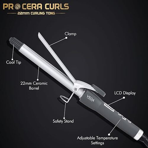 Vega - Pro Cera Curls 22mm Tong Curler (VPMCT-03) Curling Tong - Pack Of 1